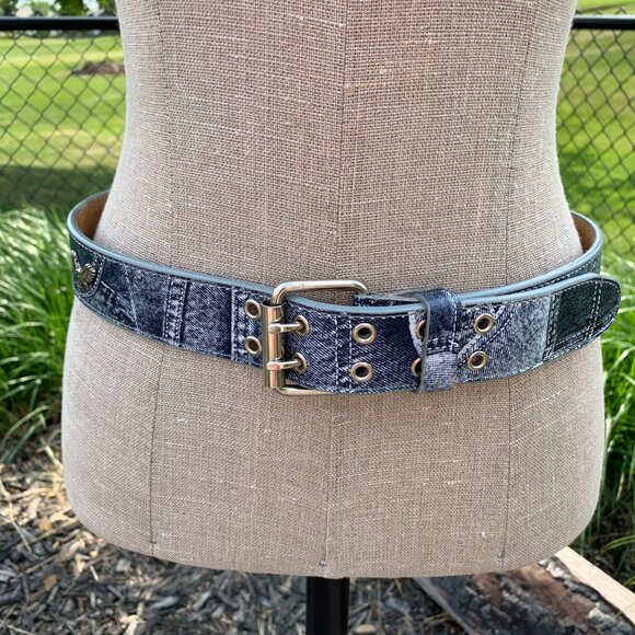 Vintage Y2K Denim Embossed Leather Silver Eagles Belt New - Picture 5 of 14